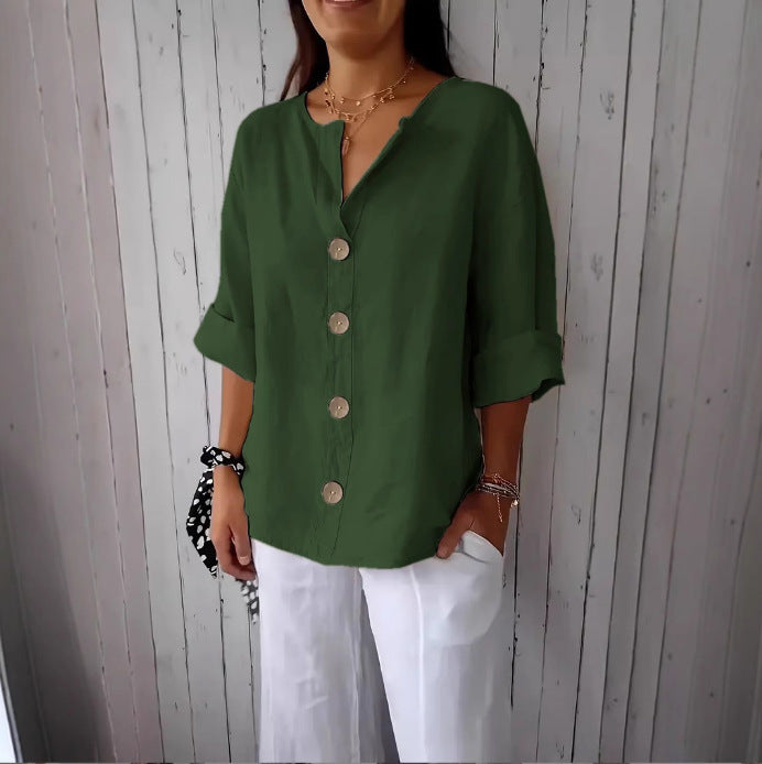 Summer New Loose T-shirt Women's V-neck Solid Color Button Three-quarters Sleeve Top