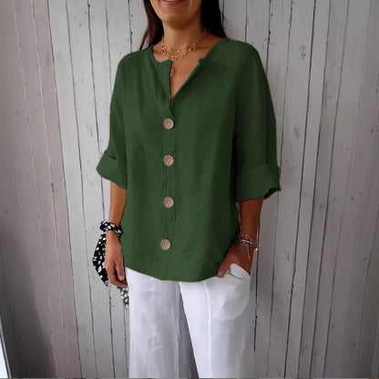 Summer New Loose T-shirt Women's V-neck Solid Color Button Three-quarters Sleeve Top