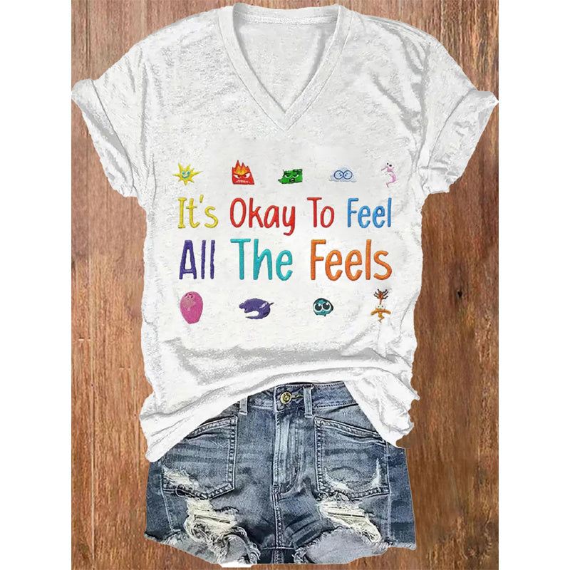 Women's V-Neck Colorful Letter Slogan T-Shirt Casual Short Sleeve Summer Top