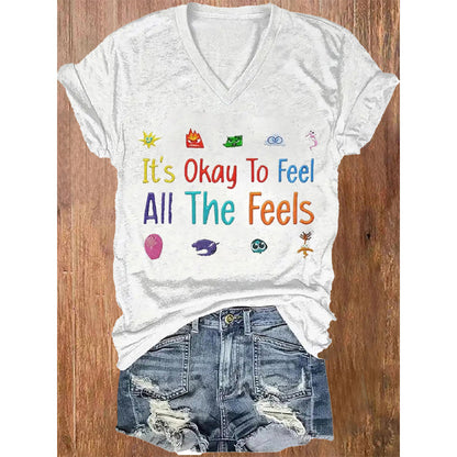 Women's V-Neck Colorful Letter Slogan T-Shirt Casual Short Sleeve Summer Top