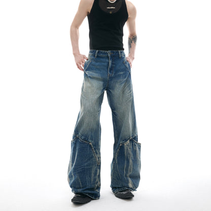 Men's Retro Washed Burst Pattern Curved Knife Jeans