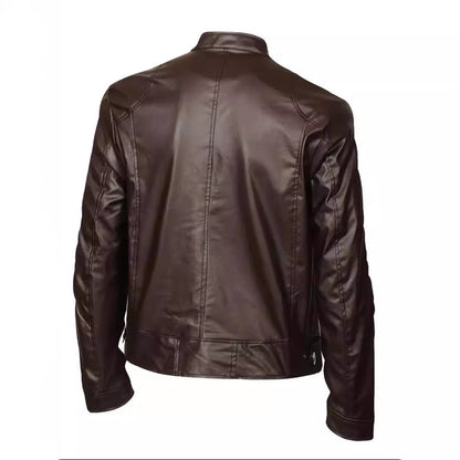 Men's Stand-up Collar Slim Fit Leather Jacket Zipper Pocket Decoration