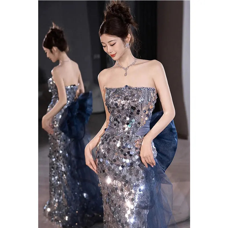 Shiny Silver Waist-tight Fishtail Tube Top Dress - Ocean Vault