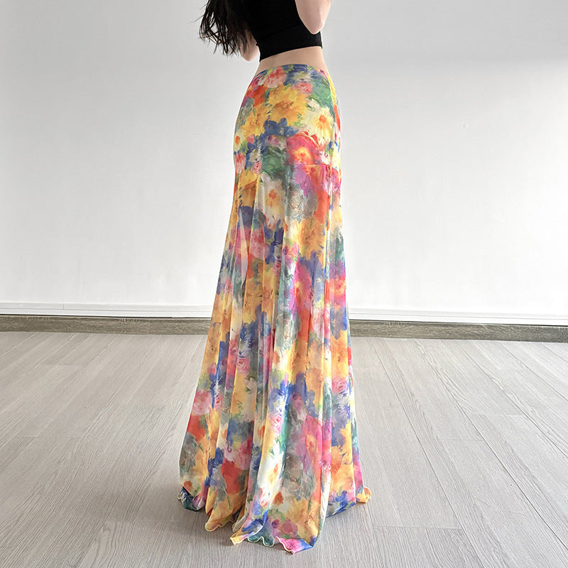 Island Oil Painting Style Blooming Printed Mesh Skirt