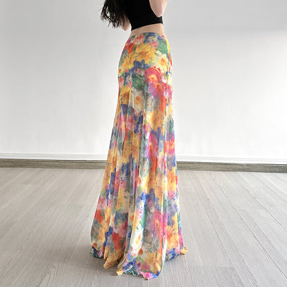Island Oil Painting Style Blooming Printed Mesh Skirt
