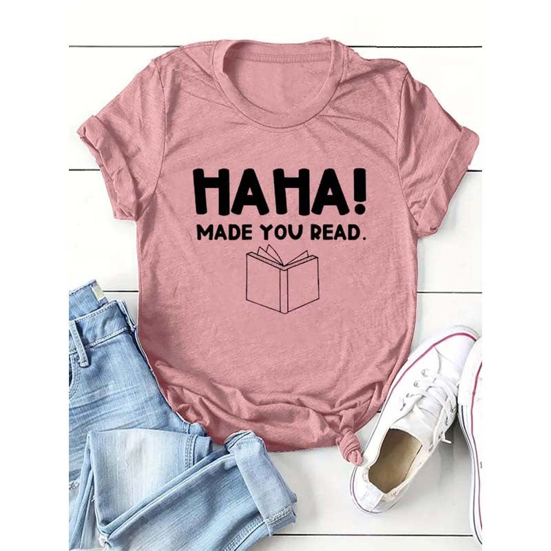 Women's Book & Slogan Print Round Neck T-Shirt Casual Short Sleeve Spring Summer Top