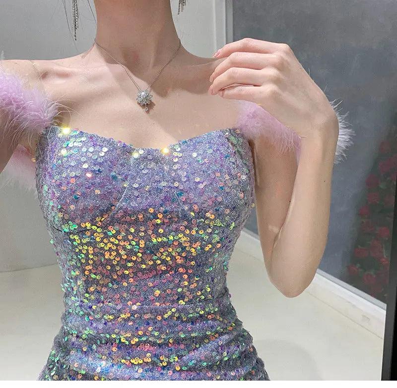 Elegant Shoulder-baring One-word Socialite Gathering Dress - Ocean Vault