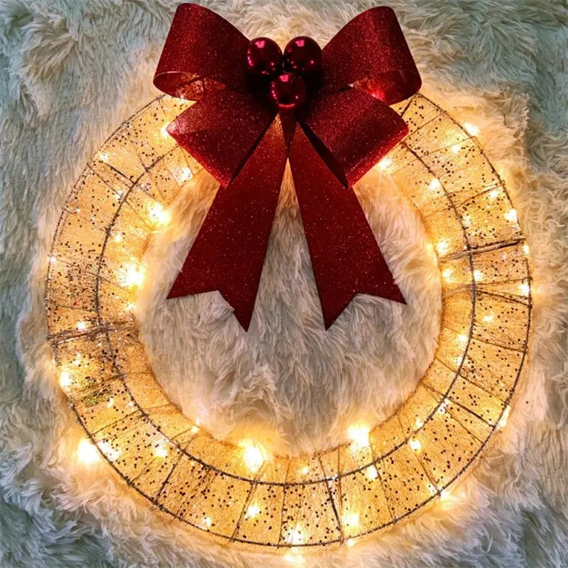 Christmas Garland 50CM Luminous LED Warm Light Metal Luminous Wreath With Big Bowknot Christmas Front Door Home Holiday Party Door Hanging Decor - Ocean Vault
