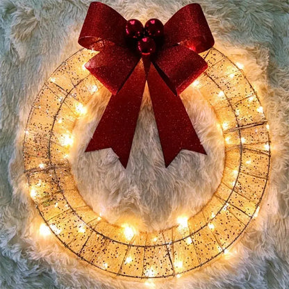 Christmas Garland 50CM Luminous LED Warm Light Metal Luminous Wreath With Big Bowknot Christmas Front Door Home Holiday Party Door Hanging Decor - Ocean Vault