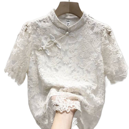 Buckle Chinese Ethnic Style Lace T-shirt Top Shirt