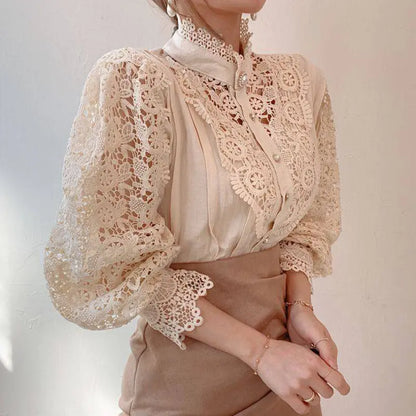 Elegant Women's Vintage Pearl Button Lace Blouse - Puff Sleeve Semi-Sheer Ruffled Stand Collar Shirt Spring&Summer Office & Vacation Top - Ocean Vault