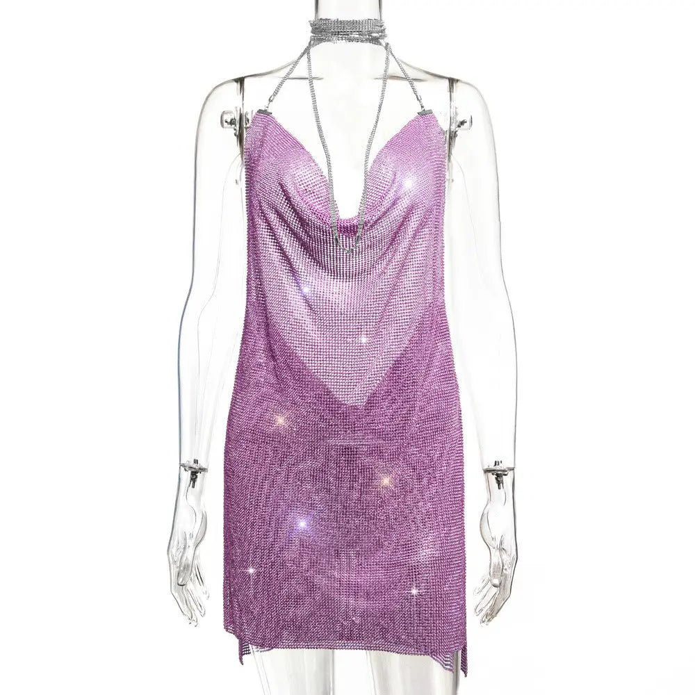 Backless Metal Sequins V-neck Brace Halter Dress - Ocean Vault