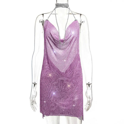 Backless Metal Sequins V-neck Brace Halter Dress - Ocean Vault