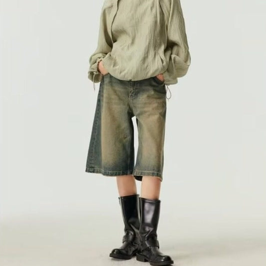Washed Casual Baggy Straight Trousers Middle Ripped Cropped Pants