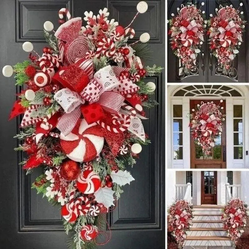 Christmas Wreath Candy Upside Down Tree Garland Artificial Xmas Ornament Hpme Porch Window Door Wall Hanging Decoration - Ocean Vault