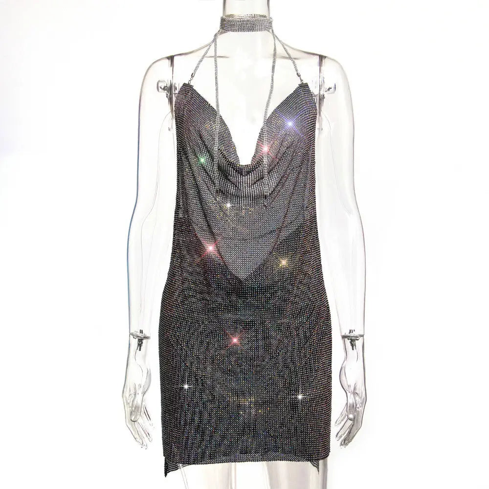 Backless Metal Sequins V-neck Brace Halter Dress - Ocean Vault