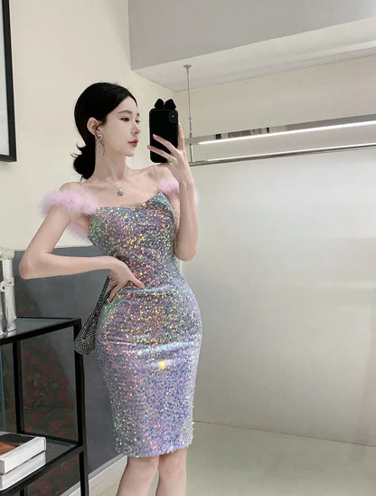 Elegant Shoulder-baring One-word Socialite Gathering Dress - Ocean Vault