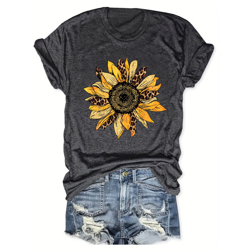 Women's Sunflower Print T Shirt Crew Neck Casual Short Sleeve Top Summer Fashion