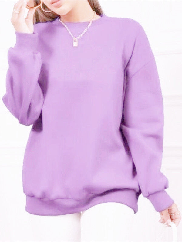 Fleece-lined Thick Round Neck Loose-fitting Solid Color Long Sleeves Sweater