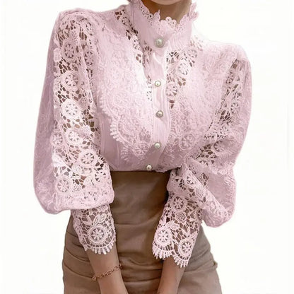 Elegant Women's Vintage Pearl Button Lace Blouse - Puff Sleeve Semi-Sheer Ruffled Stand Collar Shirt Spring&Summer Office & Vacation Top - Ocean Vault