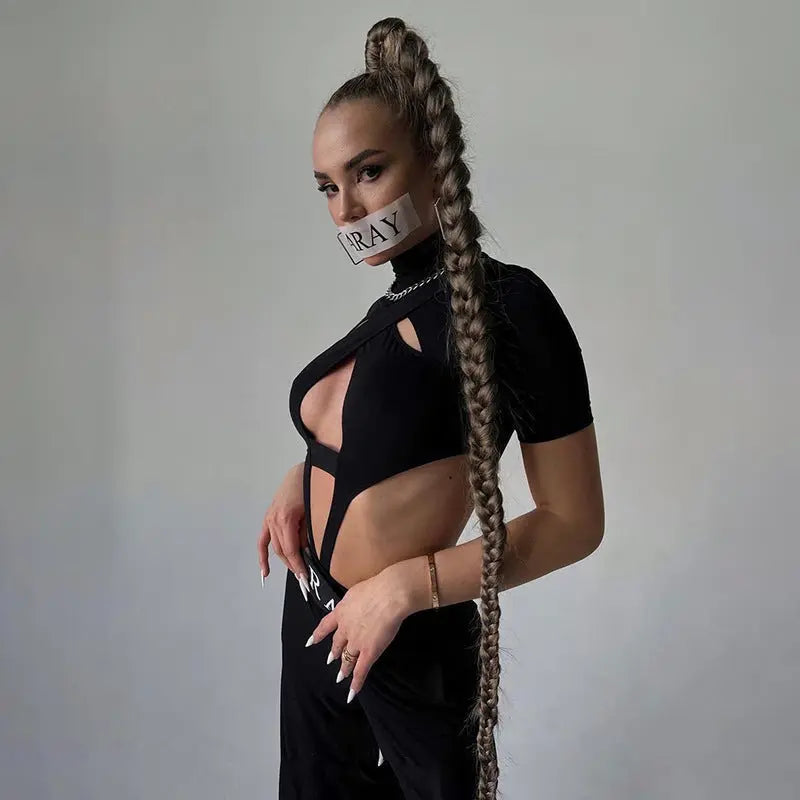 Style Spring New Sexy Cross Hollow High Collar Short Sleeve Rompers - Ocean Vault