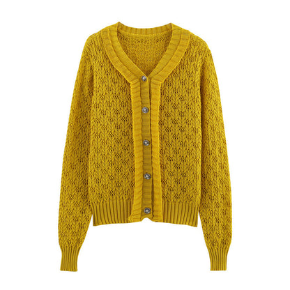 Lemon Yellow Ruffled Hollow-out Short Knitted Cardigan