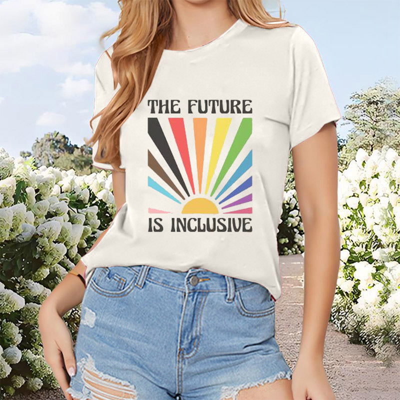 Women's Colorful Sun Rays & Slogan Print Round Neck T-Shirt Casual Summer Top