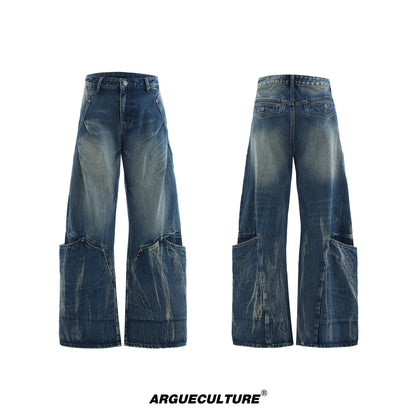 Men's Retro Washed Burst Pattern Curved Knife Jeans