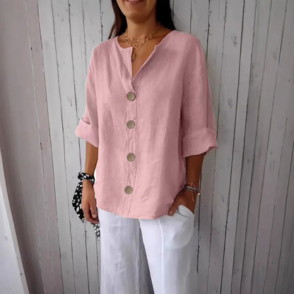 Summer New Loose T-shirt Women's V-neck Solid Color Button Three-quarters Sleeve Top