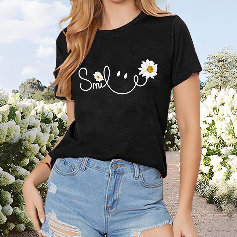 Women'S Casual Crew Neck T-Shirt With 'Smile' Letter Print & Sunflower Graphic Summer For Top