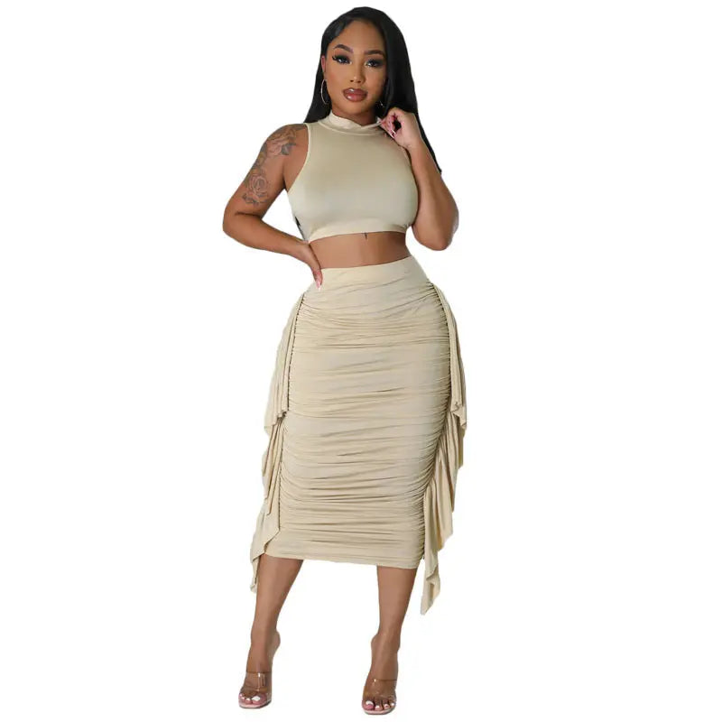 Women's Fashion Lace-up Vest Top High-waisted Skirt Suit - Ocean Vault