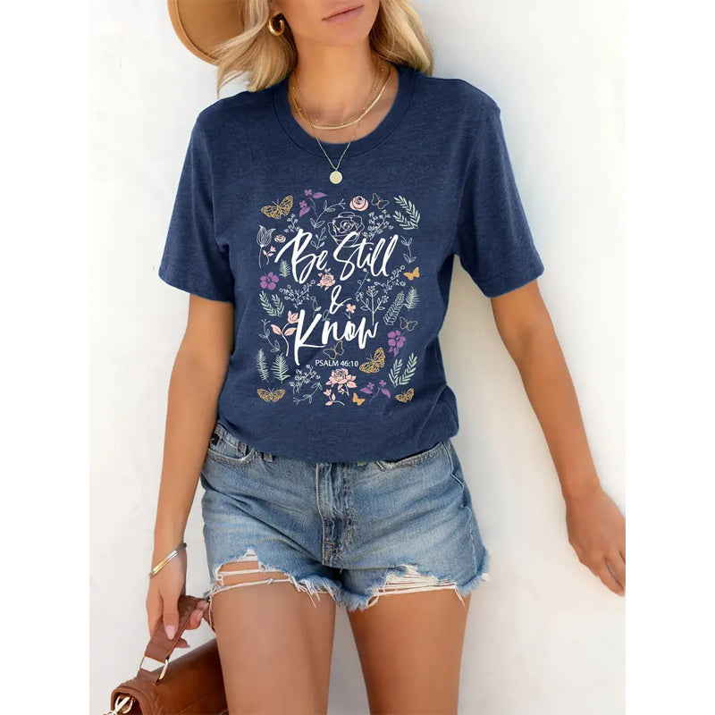 Women's Floral & Letter Print Crew Neck T-shirt, Casual Short Sleeve Top For Summer