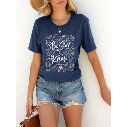 Women's Floral & Letter Print Crew Neck T-shirt, Casual Short Sleeve Top For Summer