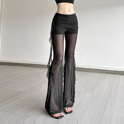 Fashion Women's Wear Ruffled Pleated Mesh Stitching See-through Casual Pants