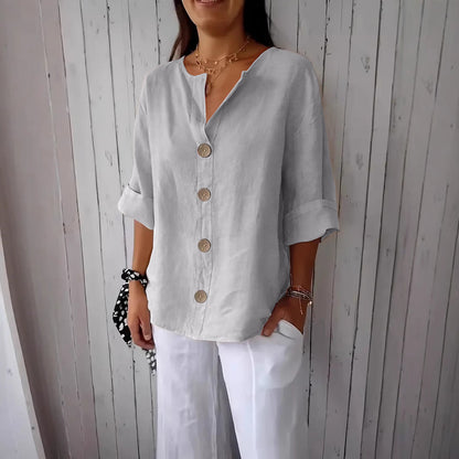 Summer New Loose T-shirt Women's V-neck Solid Color Button Three-quarters Sleeve Top