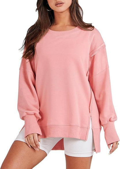 Round Neck Long Sleeve Top Female Frayed Hem Split Patchwork Sweater