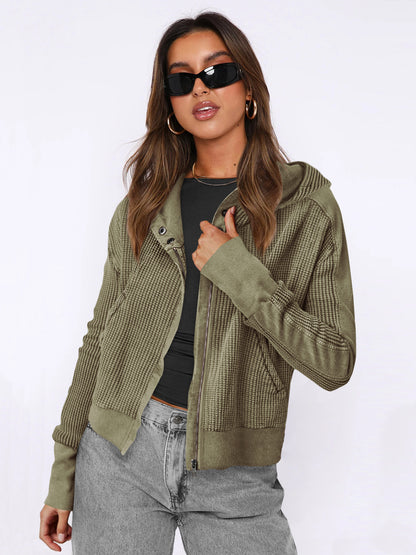 Patchwork Sweater Long Sleeve Cardigan Casual Zipper Top