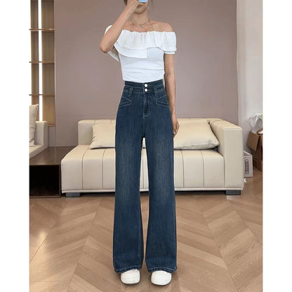 Dark Blue High Waist Drape Denim Wide Leg Pants Retro Pants Slim And Tall Stylish Straight Pants