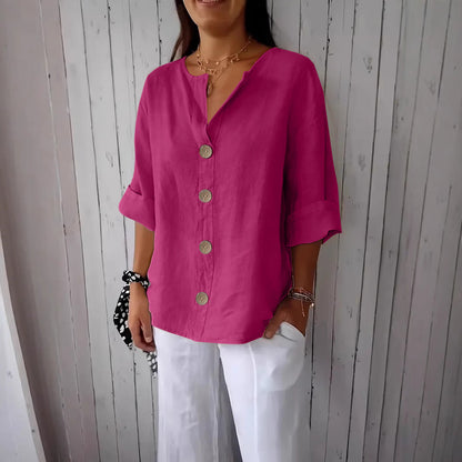 Summer New Loose T-shirt Women's V-neck Solid Color Button Three-quarters Sleeve Top